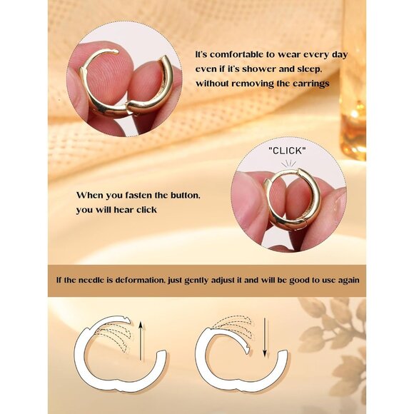 3Pairs Chunky Lightweight Hypoallergenic MultiColored 14K Gold Huggie Earrings - Picture 6 of 8